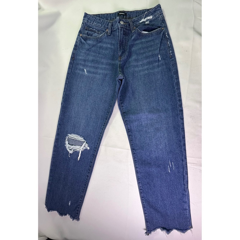 Express High Rise Straight Leg Jeans Medium Wash Distressed Ripped Raw‎ Hem Sz 8